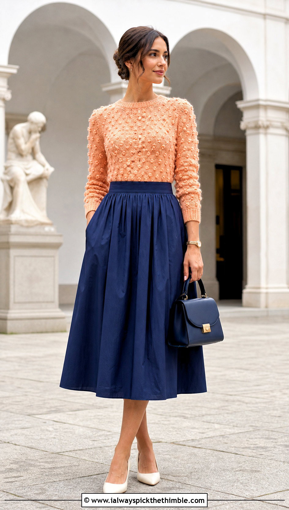 Fitted Bobble Sweater With Full Midi Skirt - 20 crochet bobble sweater outfit ideas