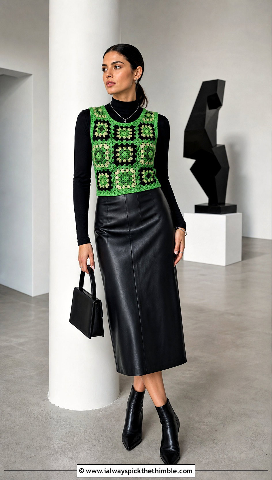Fitted Border Granny Square Sweater Vest With Leather Midi Skirt - 15 Crochet Granny Square Sweater Vest outfit ideas