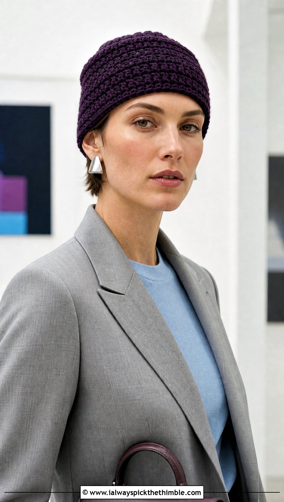 Fitted Burst Crochet Beanie With Trouser Suit - 15 burst crochet beanie outfit ideas