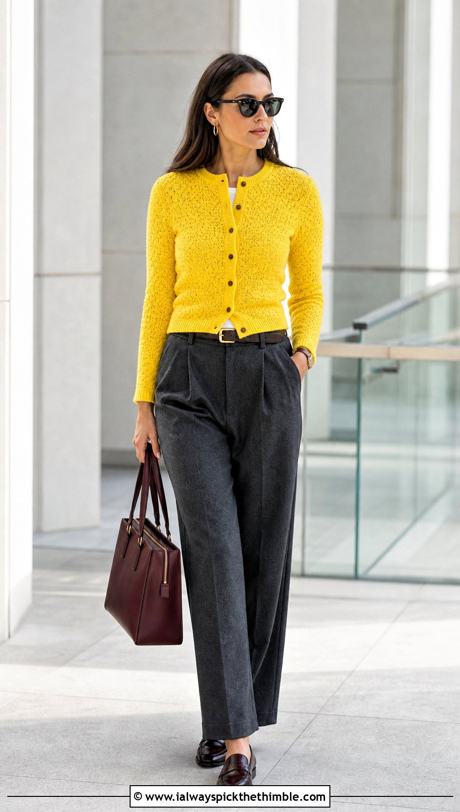 Fitted Button Up Crochet Cardigan With Wool Trousers - 20 crochet winter cardigan outfit ideas