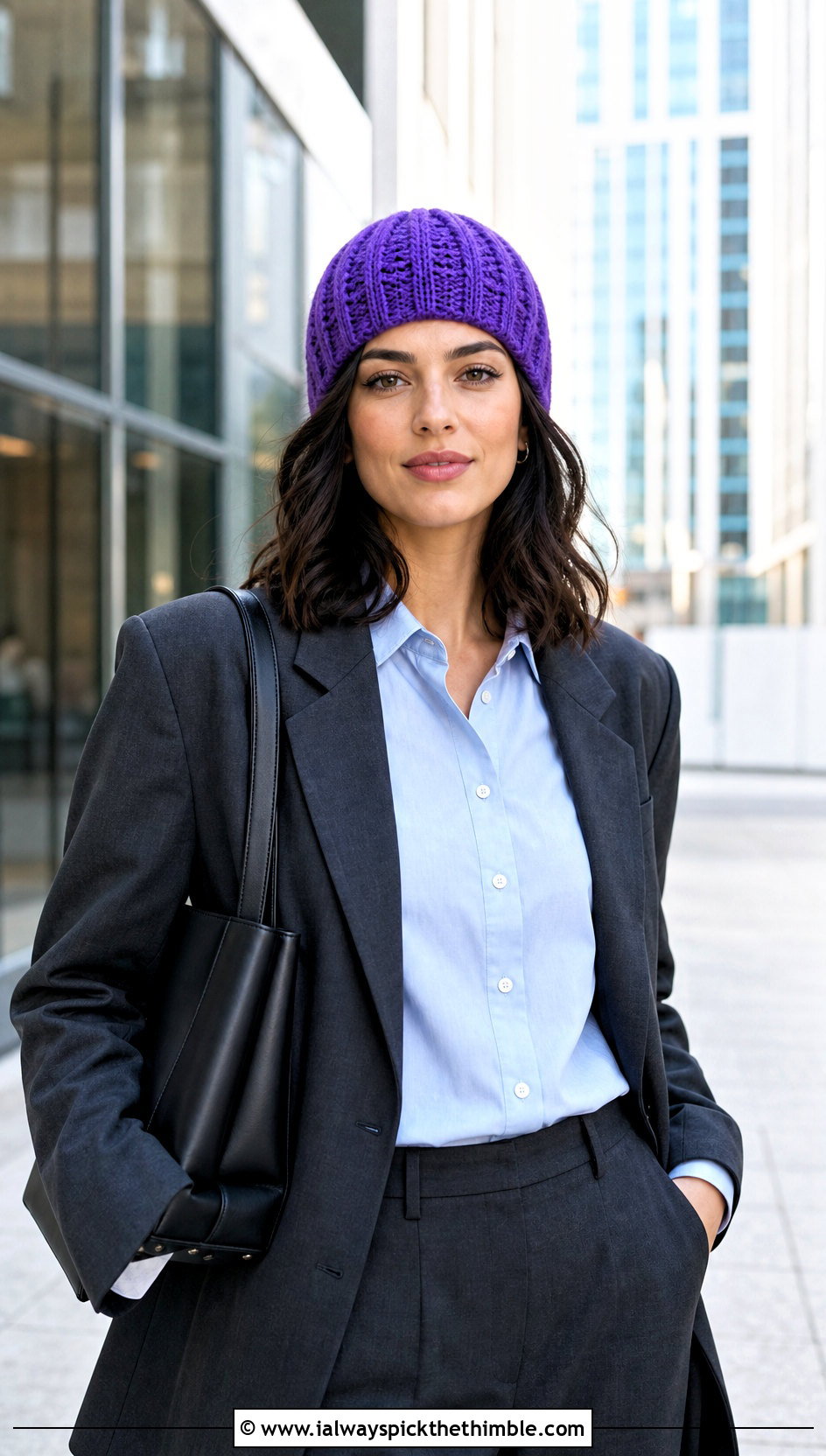 Fitted Cable Crochet Beanie With Blazer And Trousers - 20 Cable Knit Crochet Hat outfit ideas