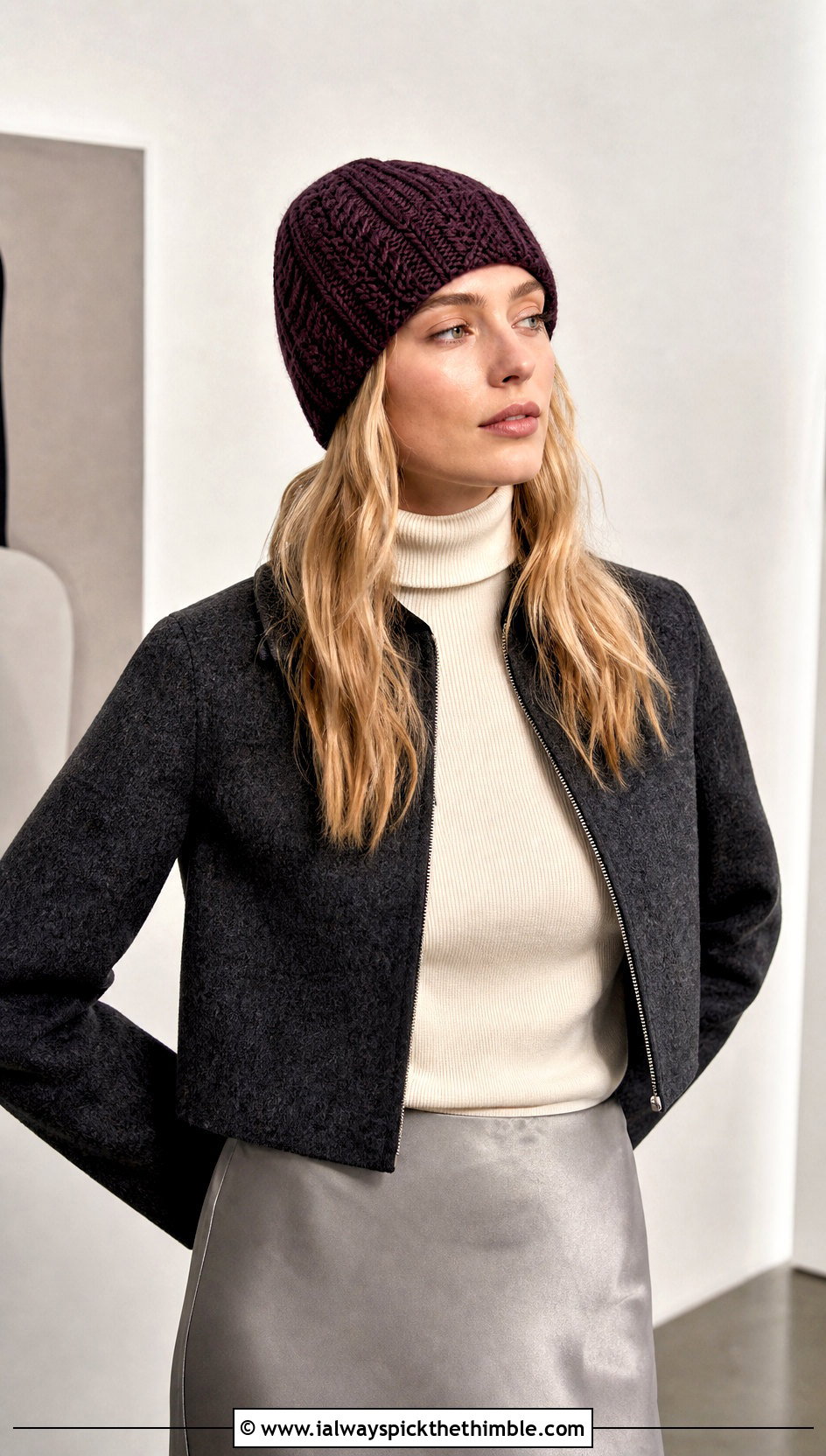 Fitted Cable Crochet Beanie With Satin Skirt - 20 Cable Crochet Hat outfit ideas
