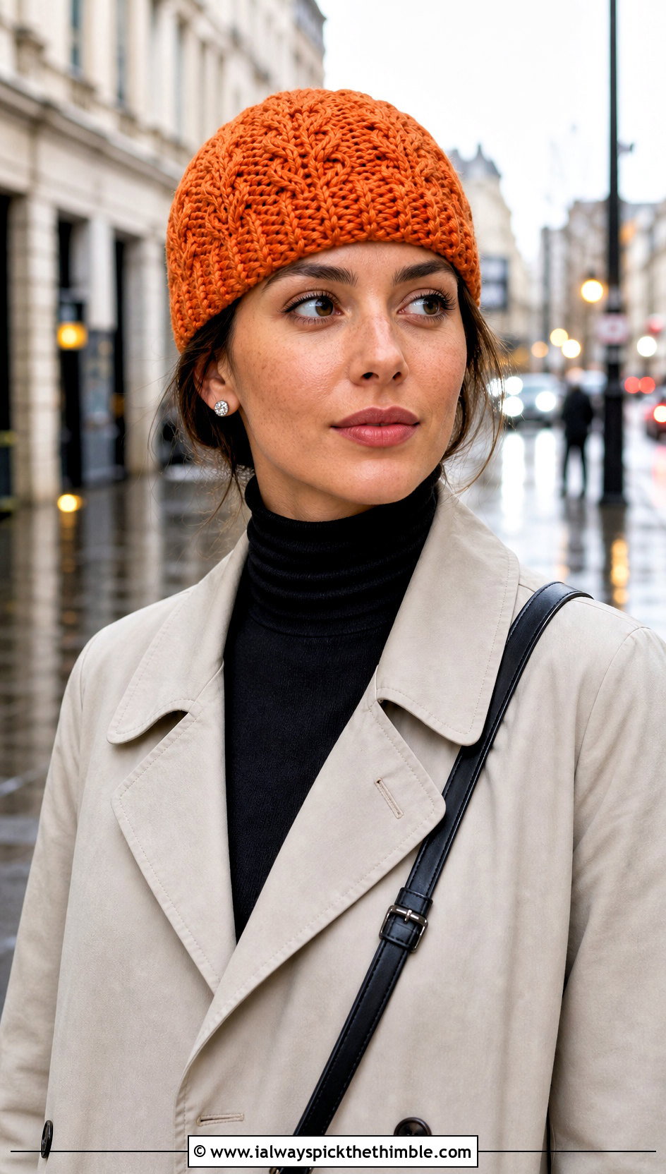 Fitted Cable Skull Cap With Trench Coat - 20 Crochet Cable Stitch Hat outfit ideas