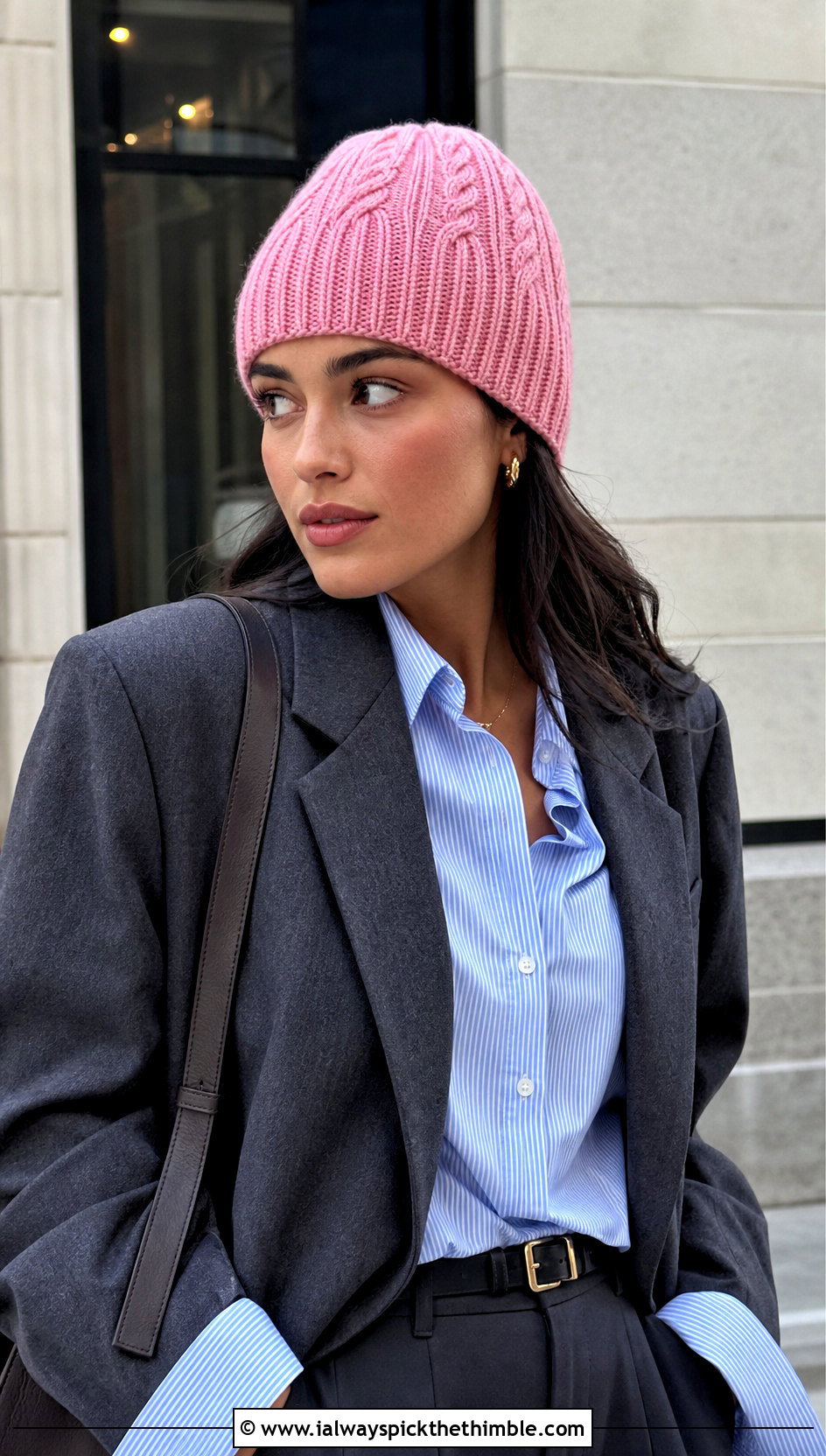 Fitted Cable Twist Beanie With Blazer - 15 Crochet Cable Twist Hat outfit ideas