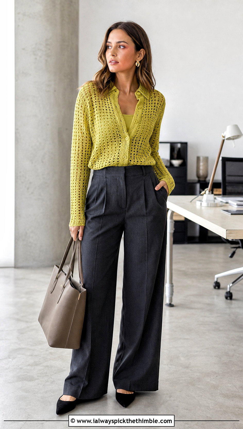 Fitted Calad Shirt With Wide Leg Trousers - 20 crochet calad shirt outfit ideas