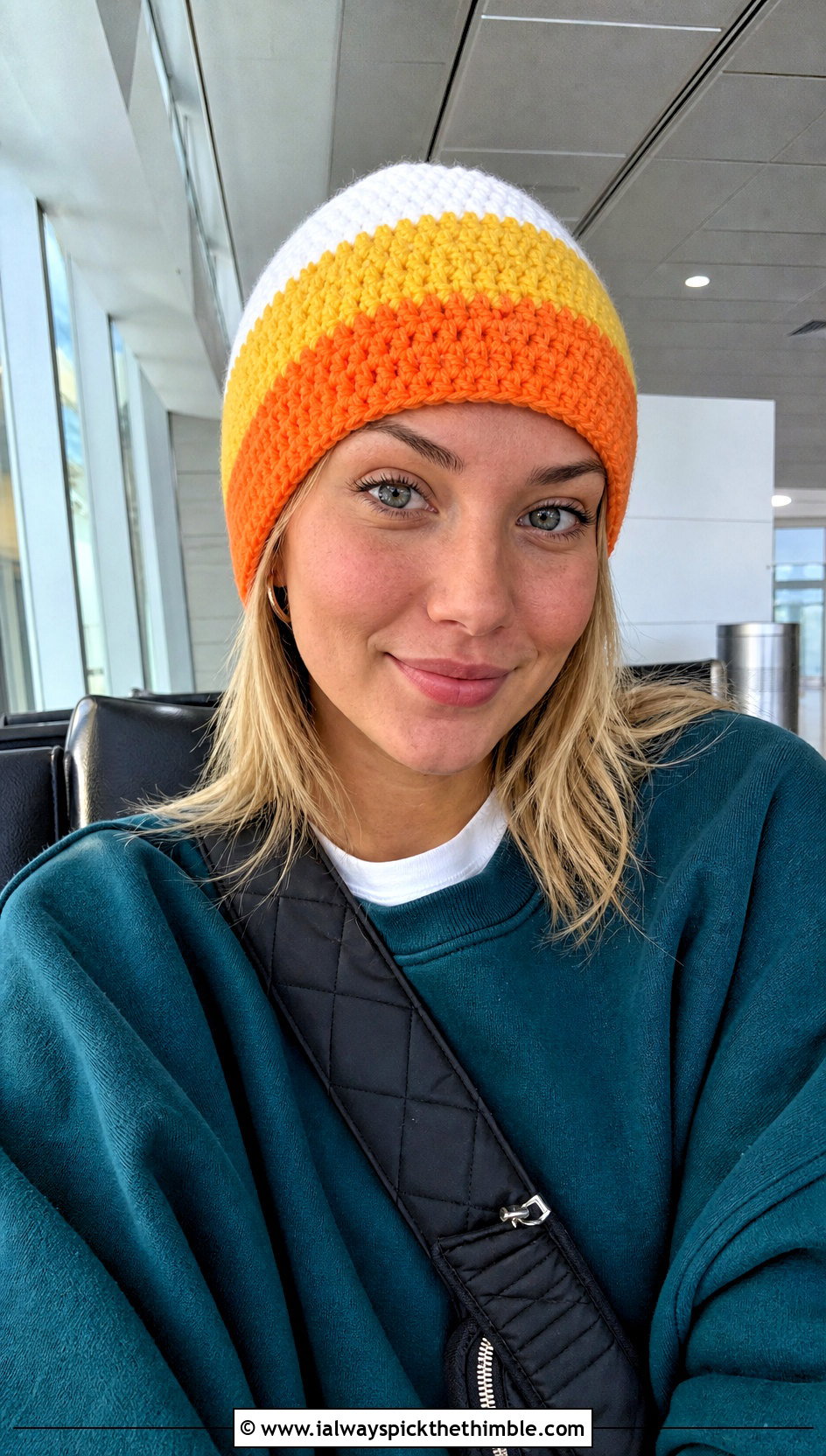 Fitted Candy Corn Crochet Beanie With Matching Sweats - 15 candy corn crochet beanie outfit ideas