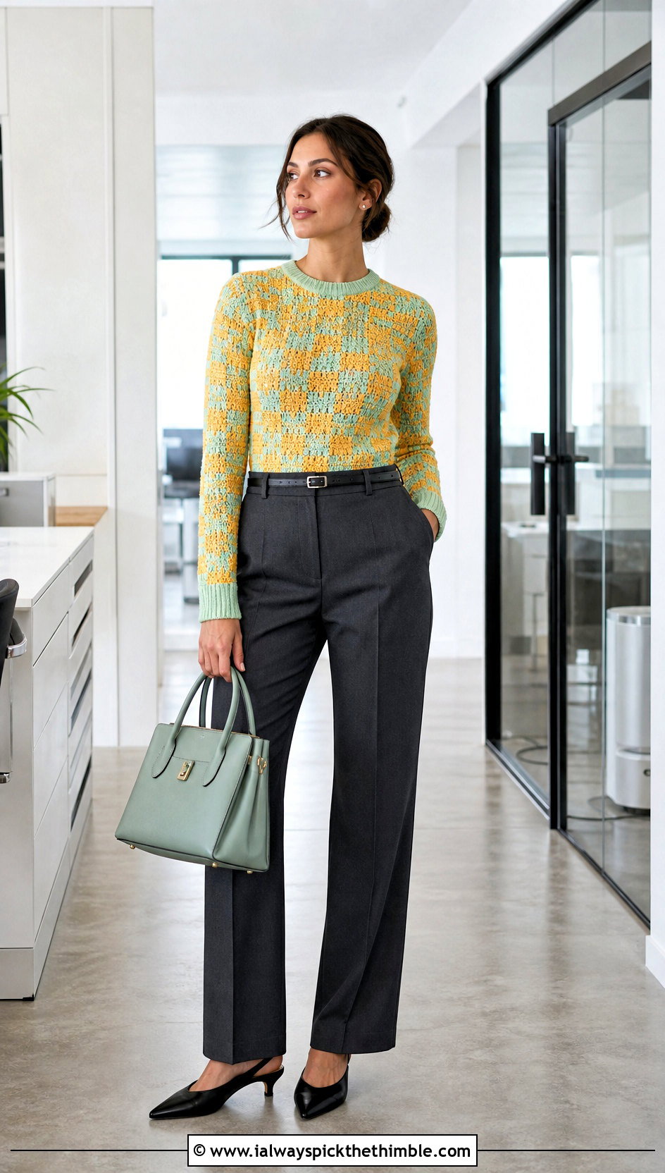 Fitted Checkered Sweater With Suit Trousers - 20 crochet checkered sweater outfit ideas
