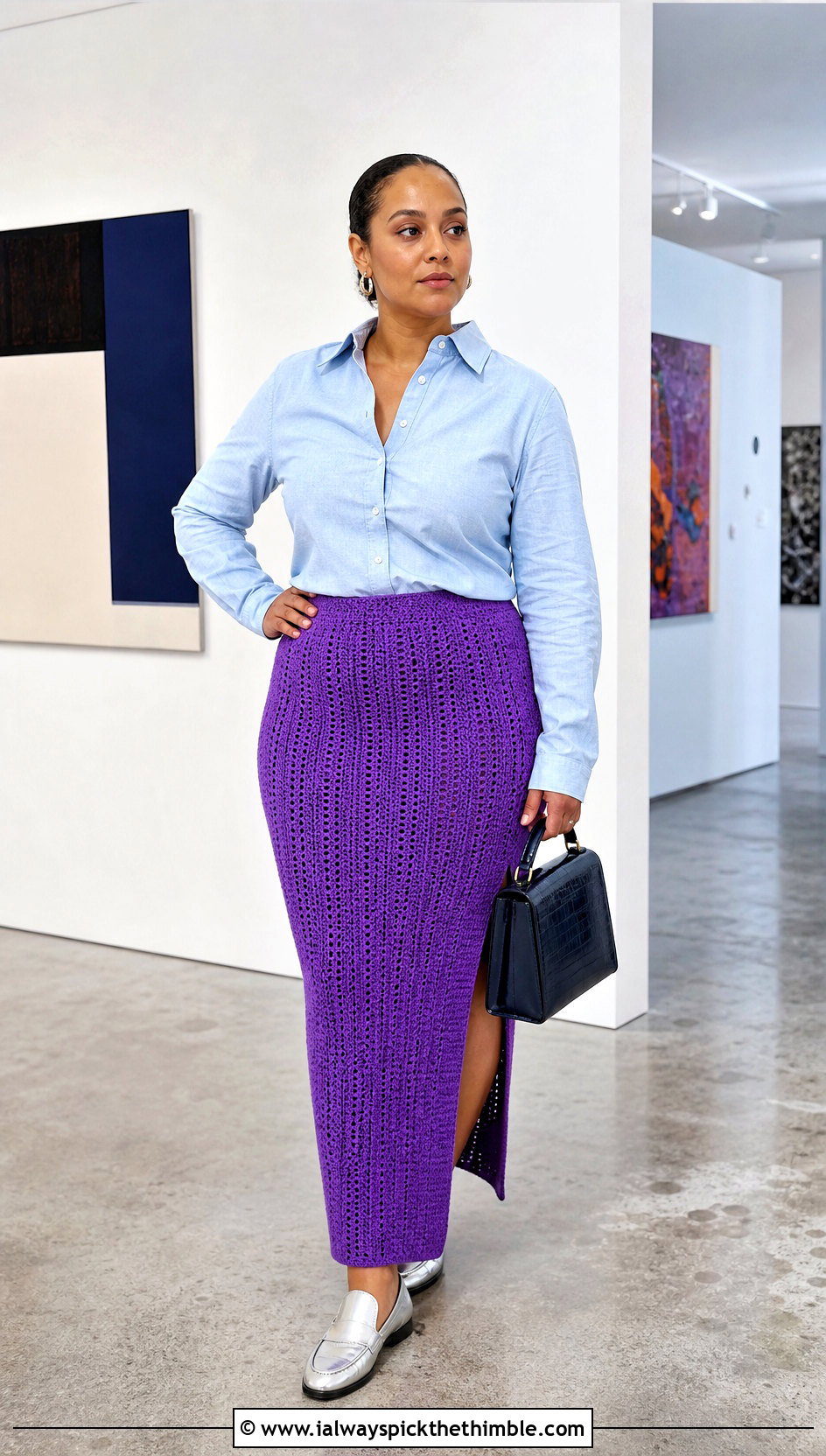 Fitted Column Maxi Crochet Skirt With Button Down Shirt - 25 maxi crochet skirt outfit ideas