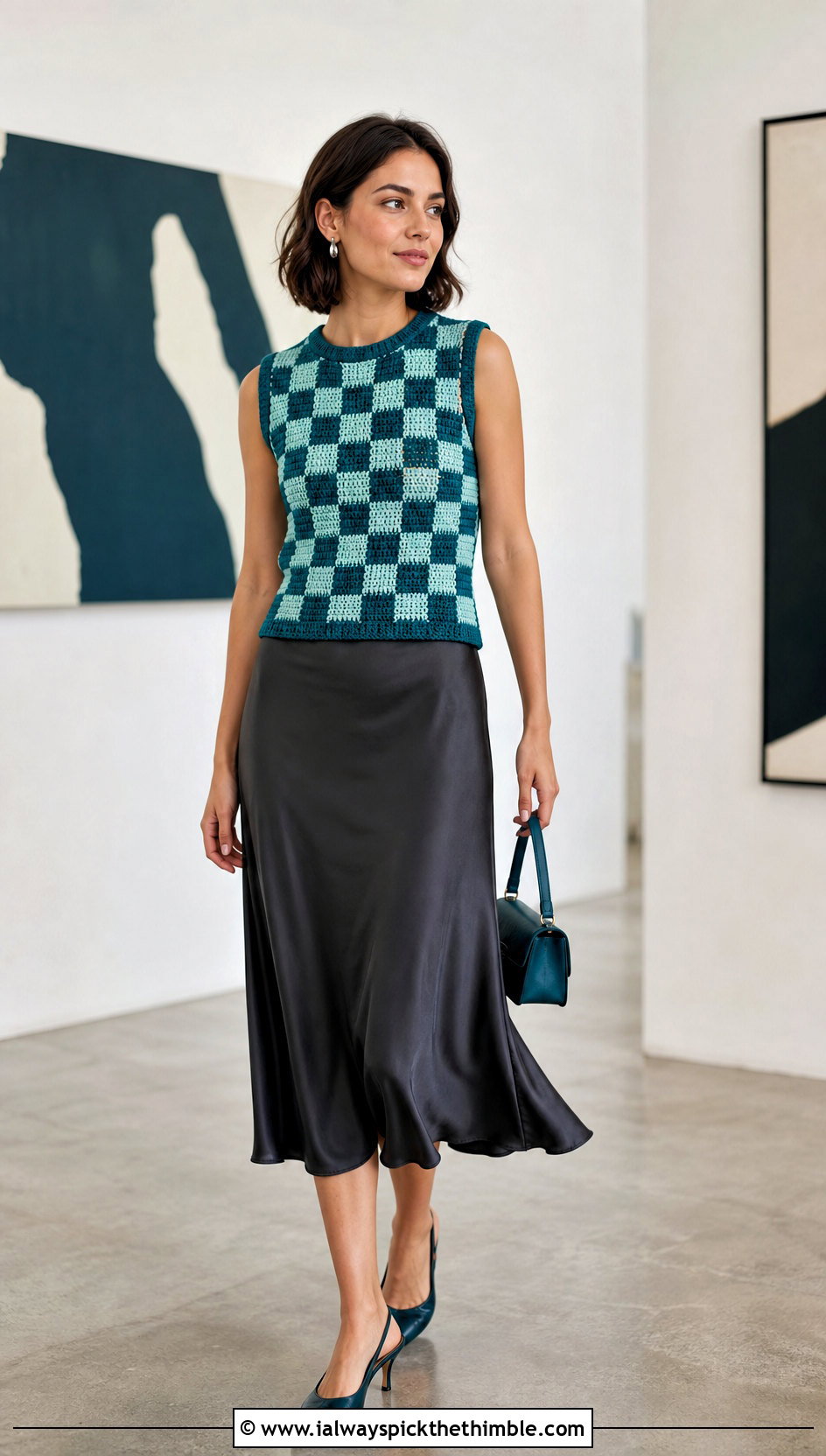 Fitted Crew Neck Checkered Crochet Vest With Satin Midi Skirt - 20 checkered crochet vest outfit ideas