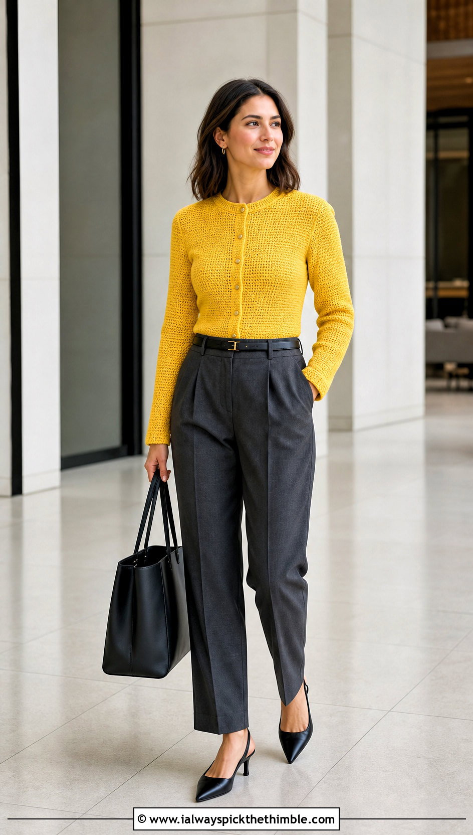 Fitted Crew Neck Crochet Cardigan With Tailored Trousers - 20 Modern Crochet Cardigan outfit ideas