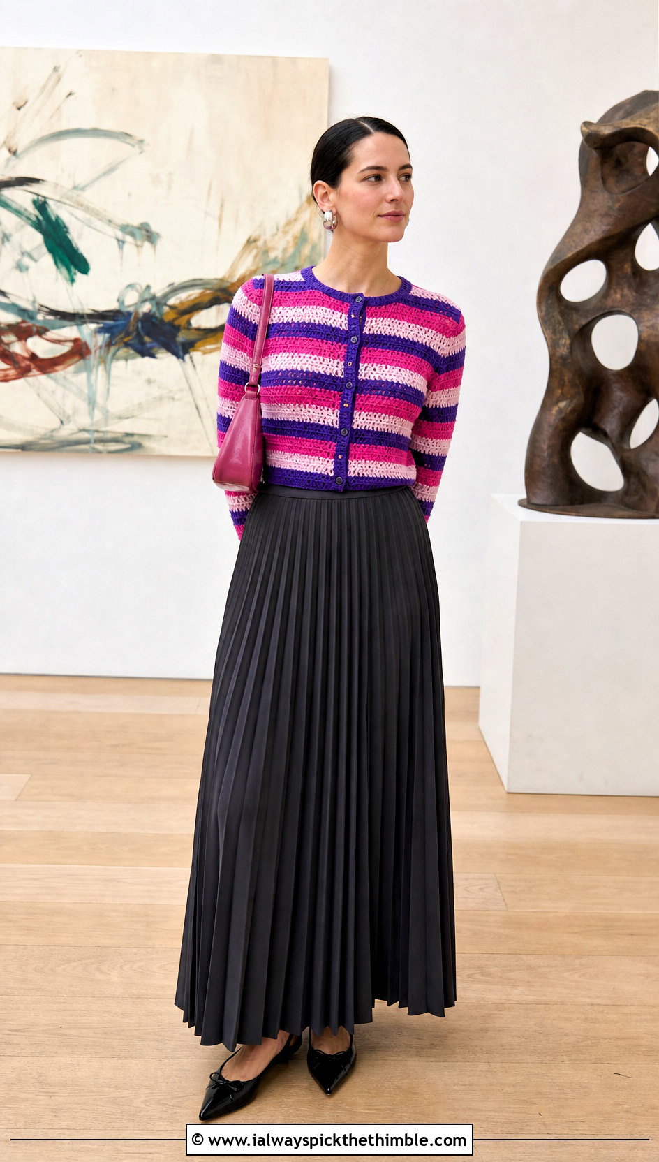 Fitted Crew Neck Stripe Crochet Cardigan With Maxi Skirt - 20 striped crochet cardigan outfit ideas