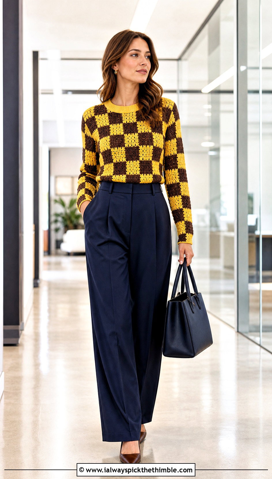 Fitted Crewneck Checkered Crochet Sweater With Tailored Trousers - 20 checkered crochet sweater outfit ideas