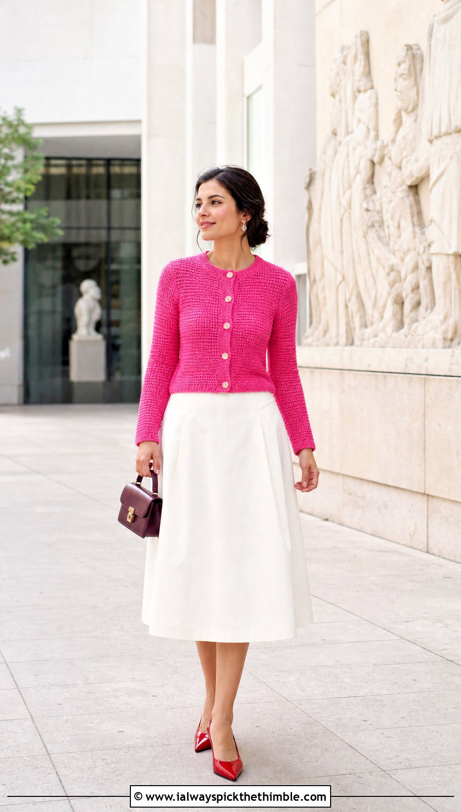 Fitted Crewneck Single Crochet Cardigan With A Line Midi Skirt - 20 single crochet cardigan outfit ideas