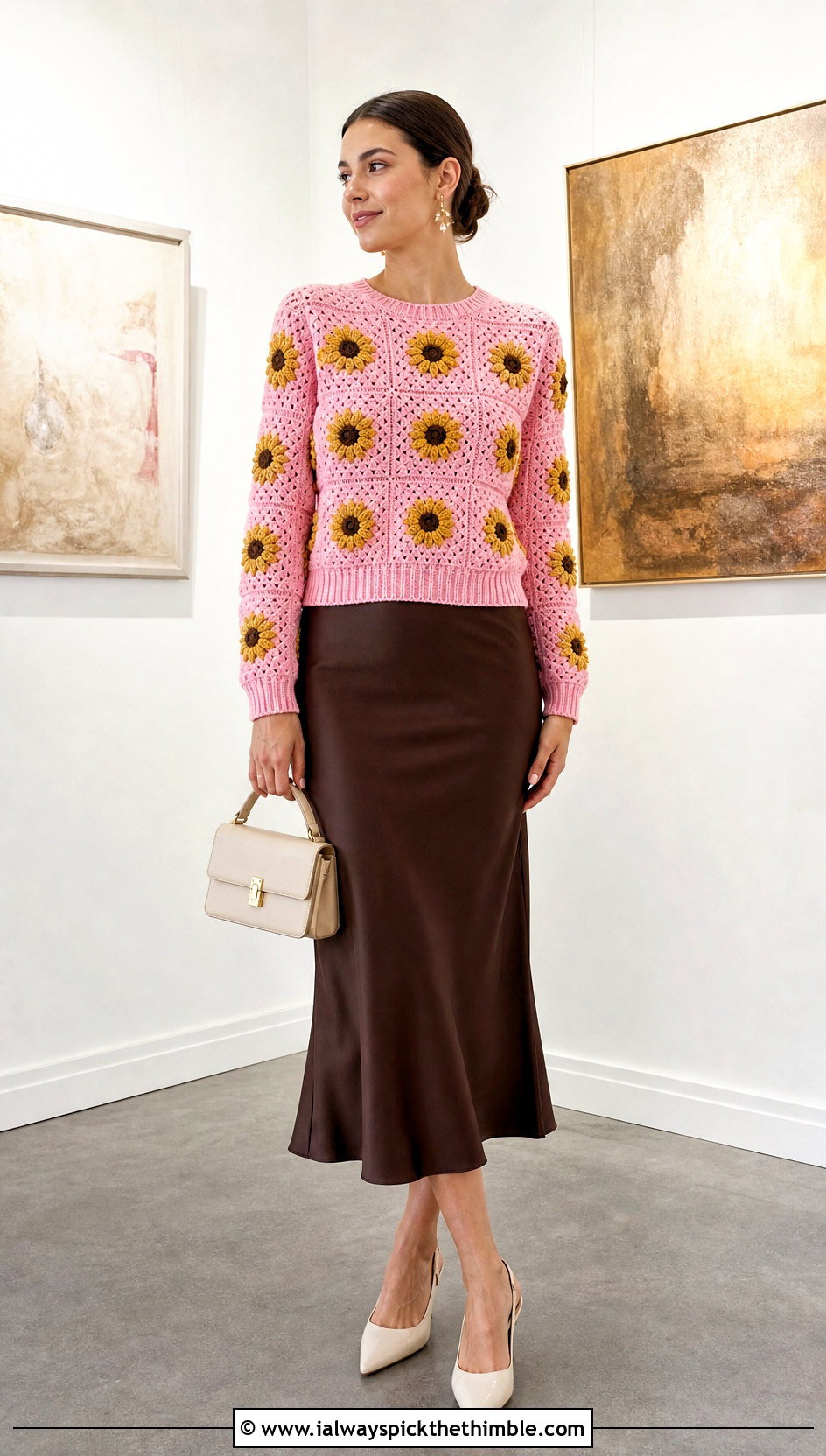 Fitted Crewneck Sunflower Granny Square Pullover Sweater With Satin Skirt - 15 Sunflower Granny Square Pullover Sweater outfit ideas