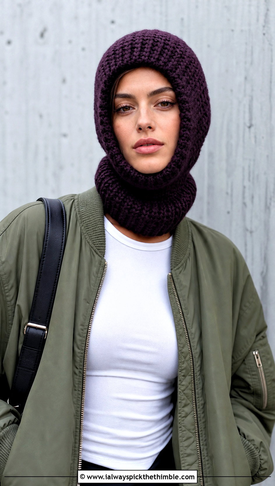 Fitted Crochet Balaclava Cowl Hat With Bomber Jacket - 20 crochet cowl hat outfit ideas