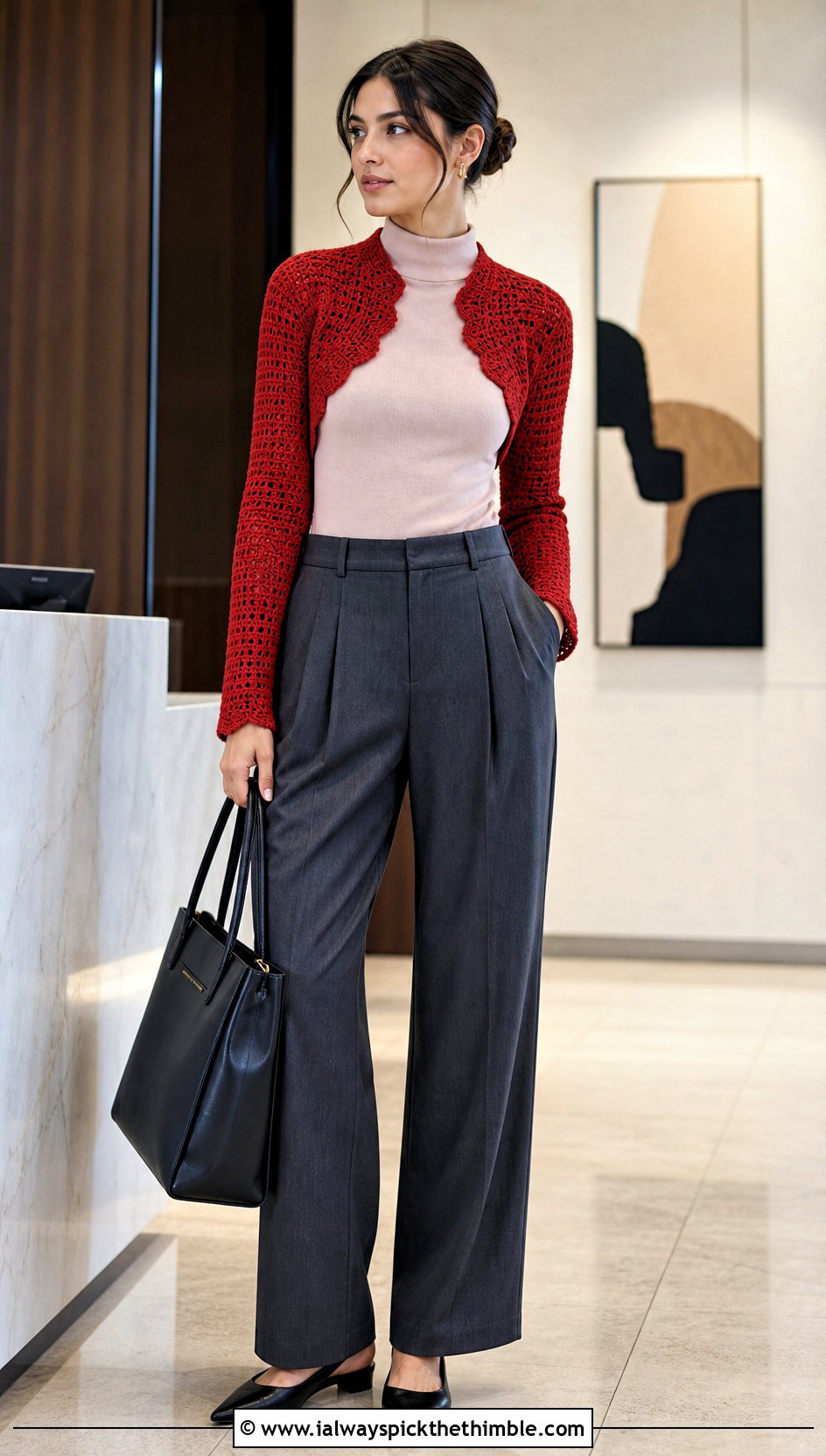 Fitted Crochet Bolero With Tailored Trousers - 20 Crochet Long Sleeve Half Top outfit ideas