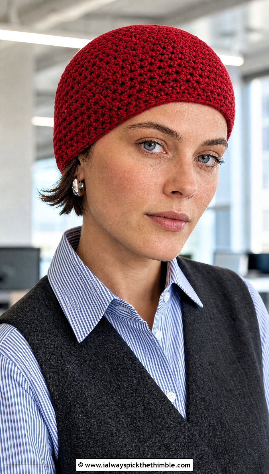 Fitted Crochet Bubble Skull Cap With Shirt Dress - 20 Crochet Bubble Hat outfit ideas