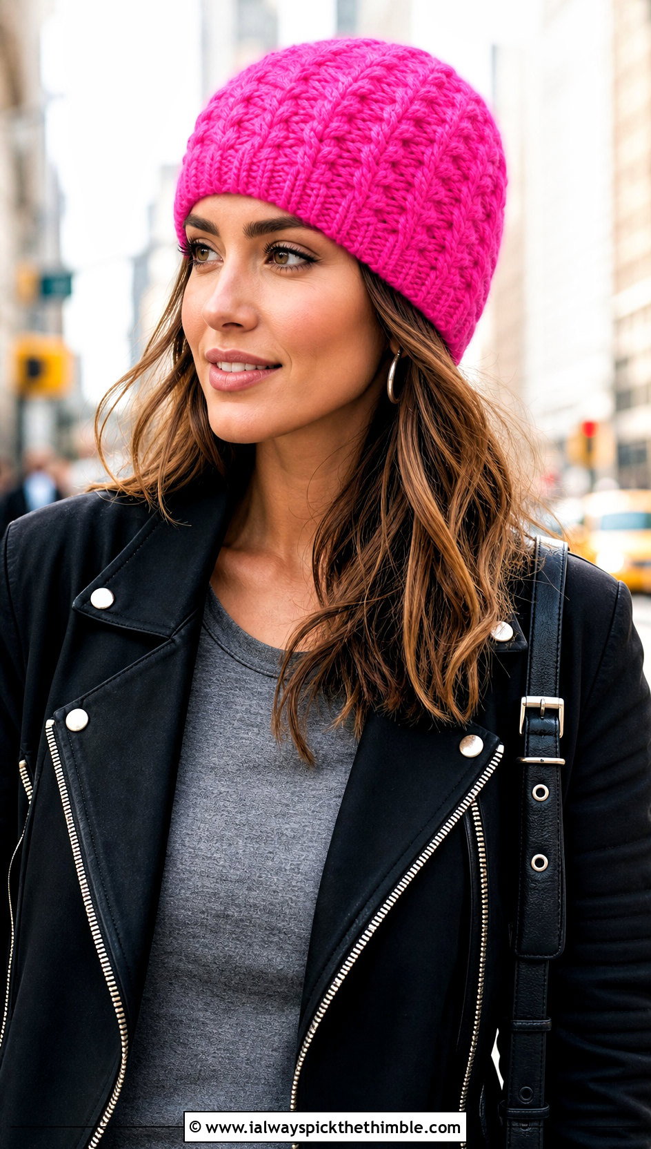 Fitted Crochet Cable Beanie With Moto Jacket - 25 crochet cable hat outfit ideas