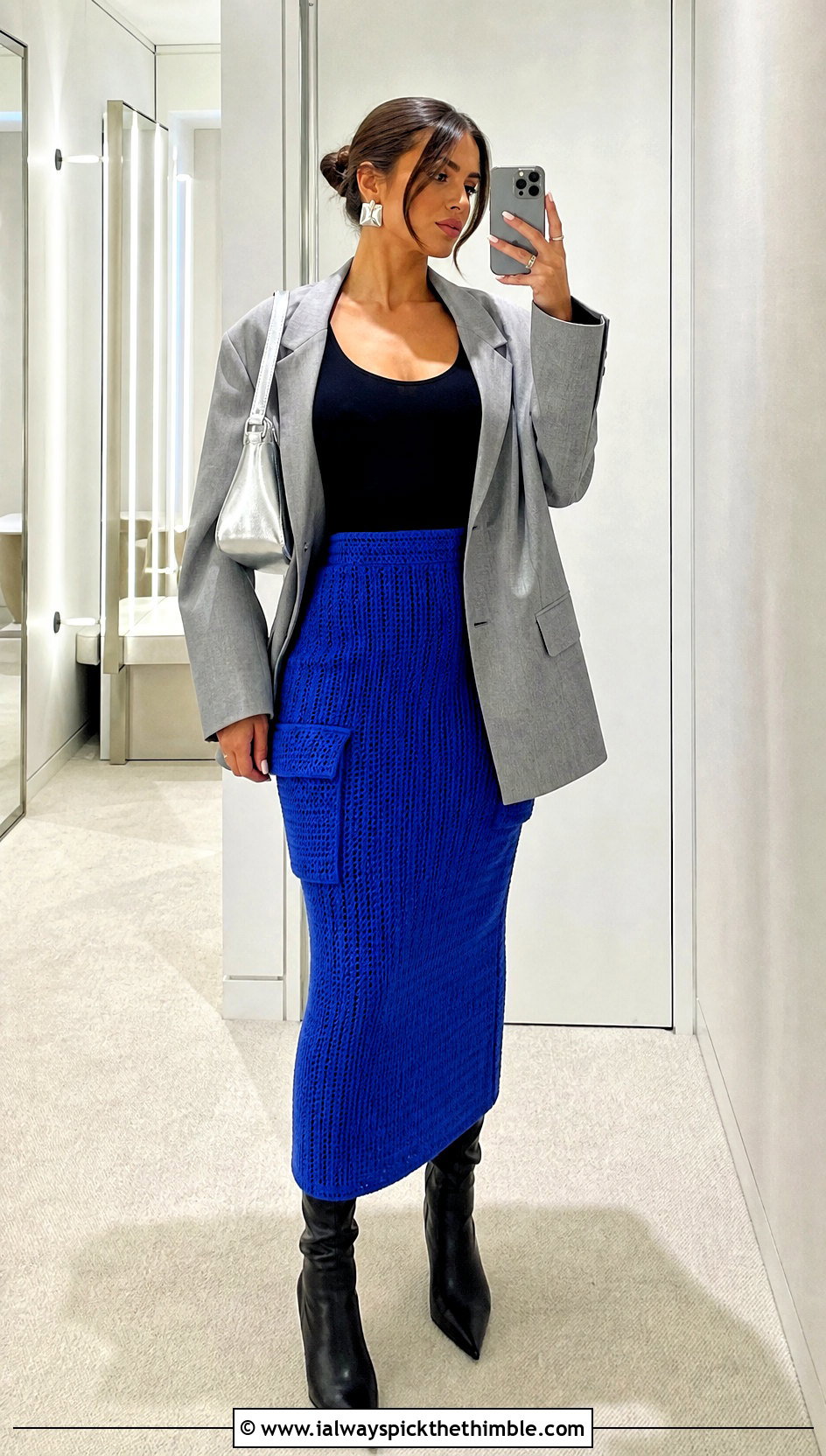 Fitted Crochet Cargo Skirt With Oversized Blazer - 25 crochet cargo skirt outfit ideas