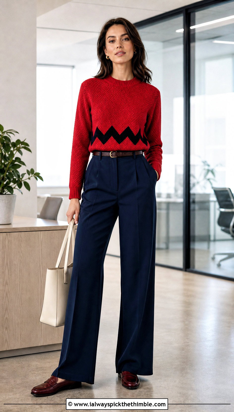 Fitted Crochet Charlie Brown Crewneck With Tailored Trousers - 15 Crochet Charlie Brown Sweater outfit ideas