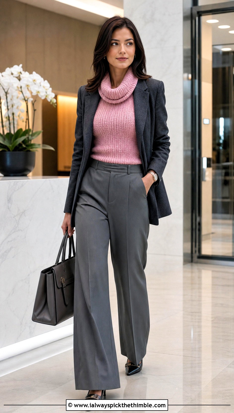 Fitted Crochet Cowl Neck Sweater With Tailored Trousers - 20 Crochet Cowl Neck Sweater outfit ideas