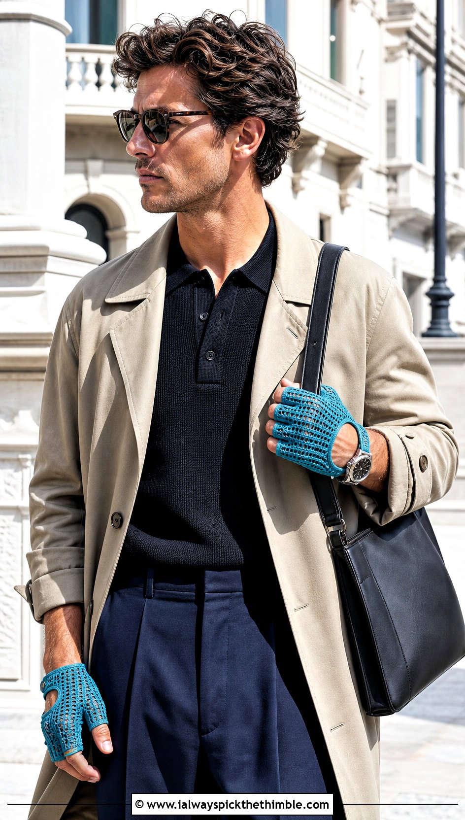 Fitted Crochet Driving Gloves With Trench Coat - 25 crochet gloves for men outfit ideas