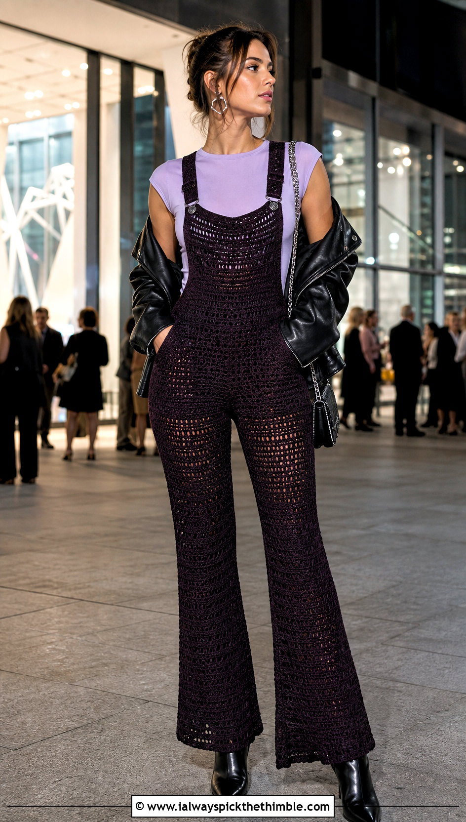 Fitted Crochet Dungarees With Leather Jacket - 20 crochet dungarees outfit ideas