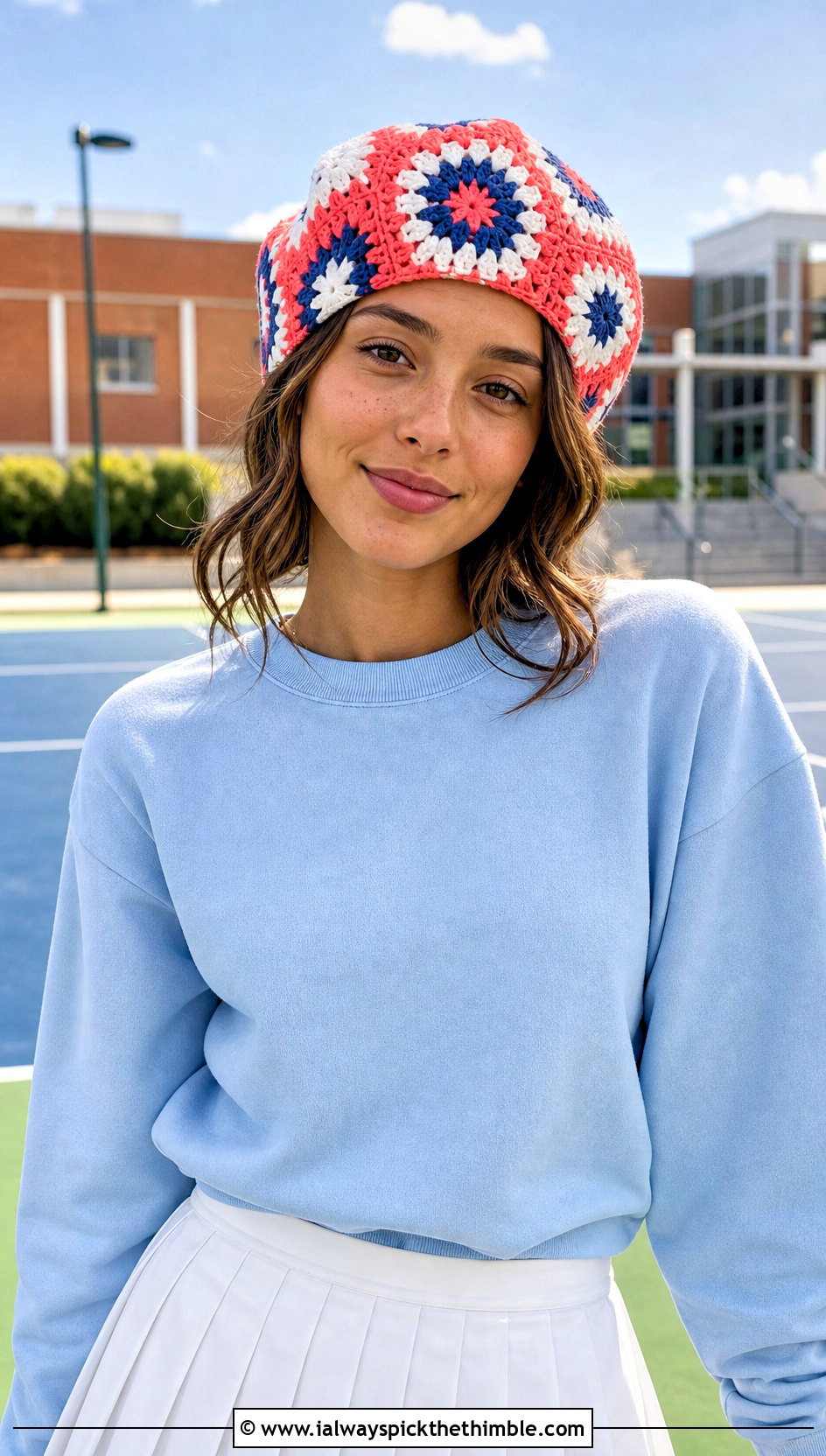 Fitted Crochet Granny Square Beret With Tennis Skirt - 20 Crochet Granny Square Beret outfit ideas
