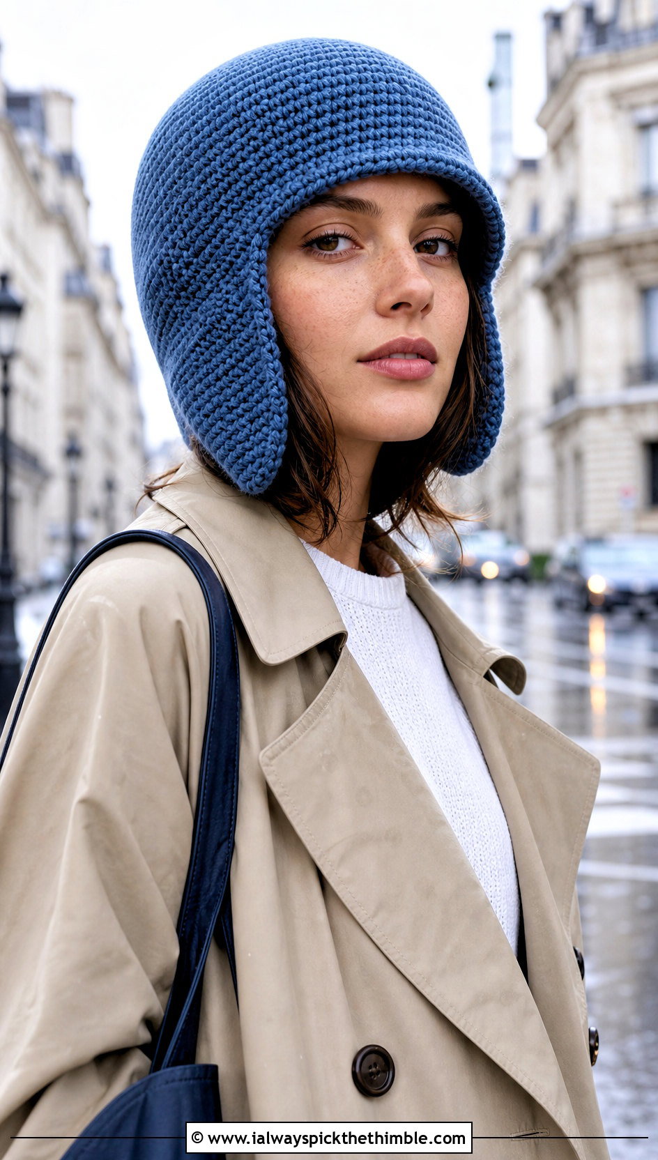 Fitted Crochet Helmet Flap Hat With Trench Coat - 20 crochet flap hat outfit ideas
