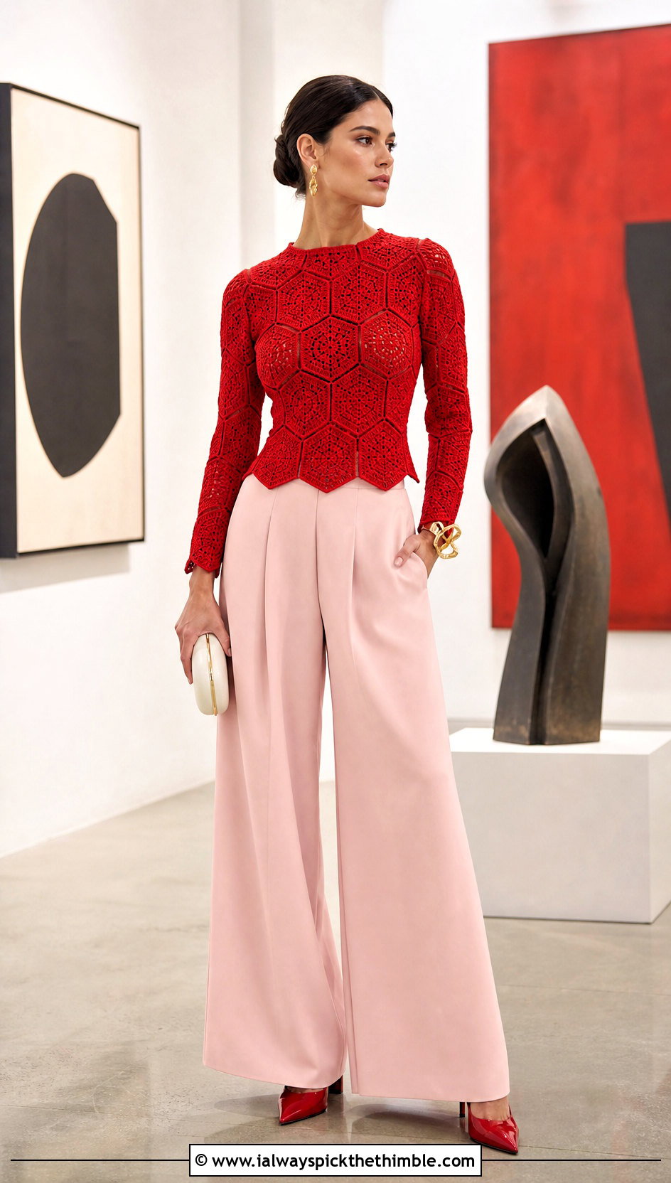 Fitted Crochet Hexagon Jumper With Palazzo Pants - 20 crochet hexagon jumper outfit ideas