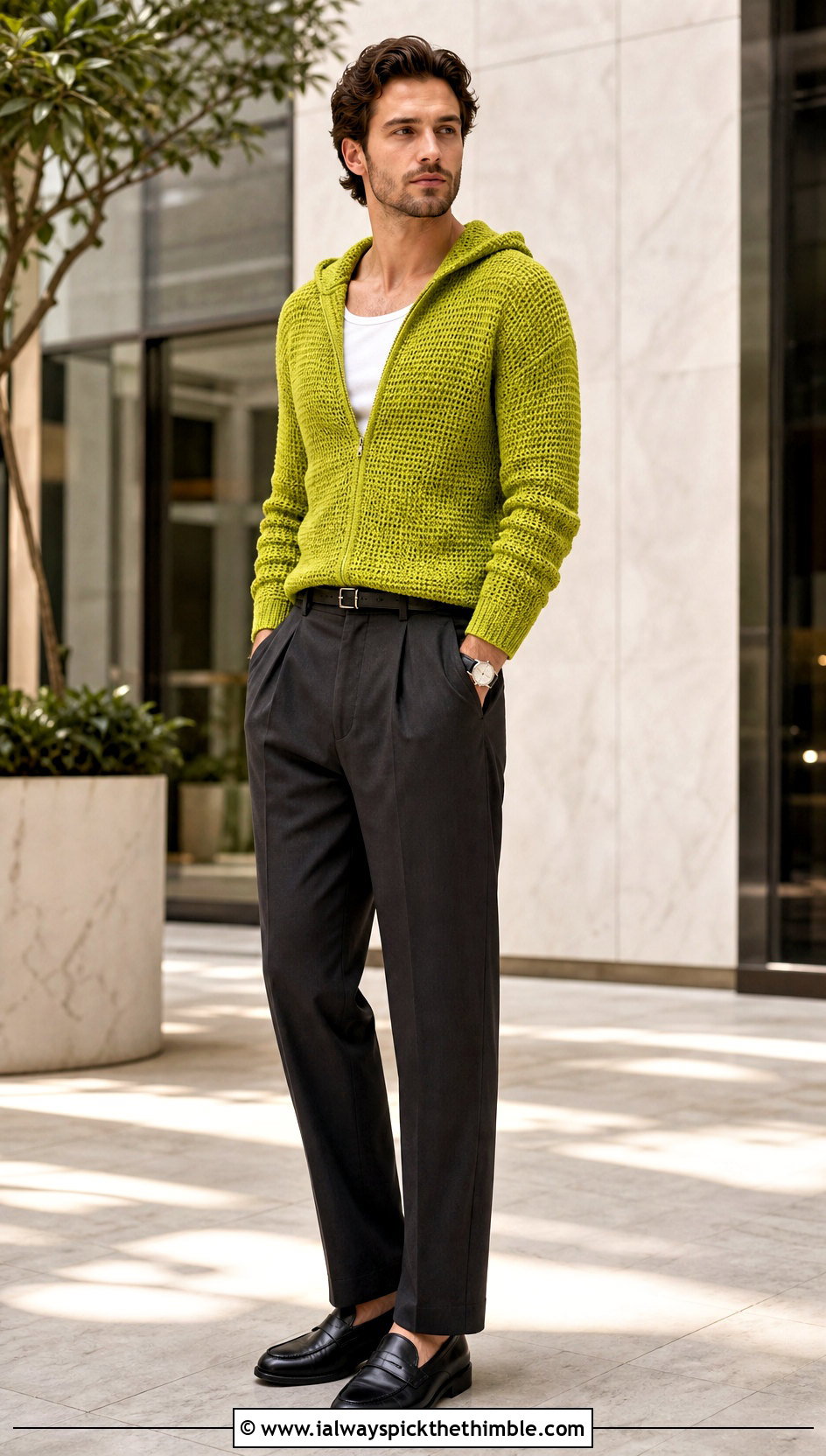 Fitted Crochet Hoodie With Pleated Pants - 20 crochet mens hoodie outfit ideas