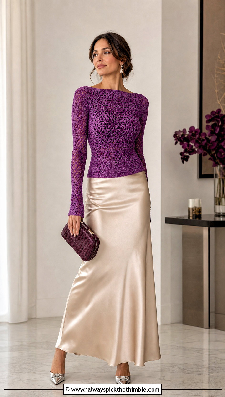 Fitted Crochet Long Sleeve Top With Satin Maxi Skirt - 25 crochet long sleeve tops outfit ideas