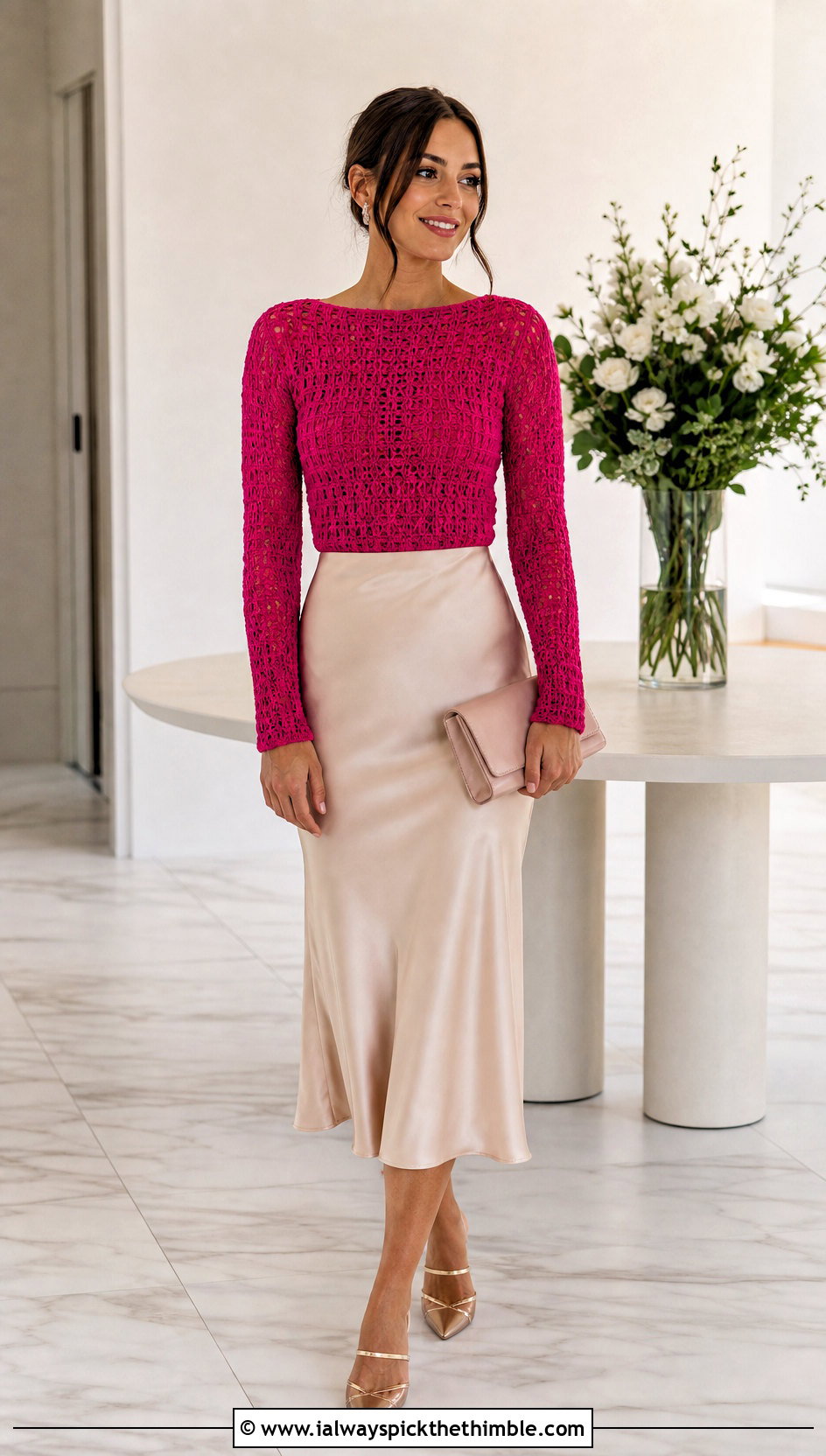 Fitted Crochet Long Sleeve Top With Satin Midi Skirt - 25 crochet long sleeve top outfit ideas