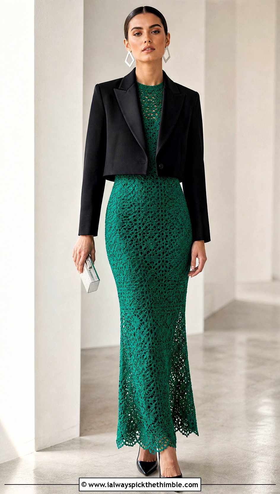 Fitted Crochet Maxi Dress With Tuxedo Jacket - 25 Crochet Maxi Dress outfit ideas