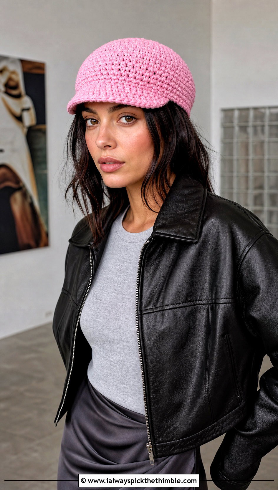 Fitted Crochet Newsboy Hat With Leather Jacket And Midi Skirt - 20 newsboy crochet hat outfit ideas