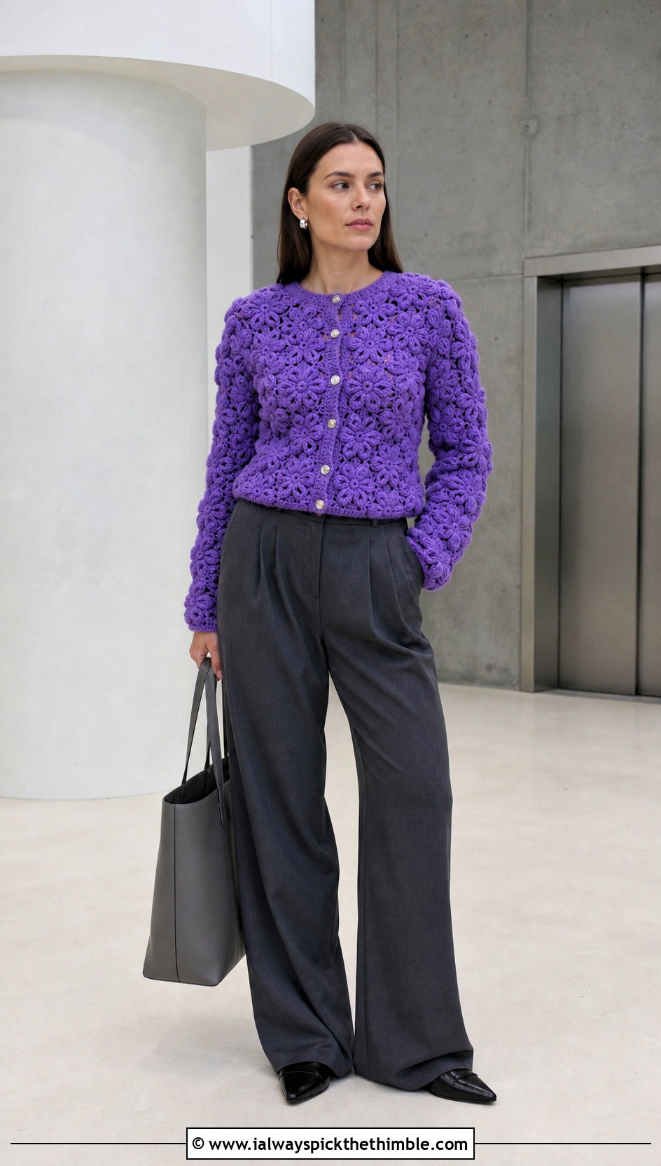 Fitted Crochet Puff Flower Cardigan With Tailored Trousers - 15 Crochet Puff Flower Cardigan outfit ideas