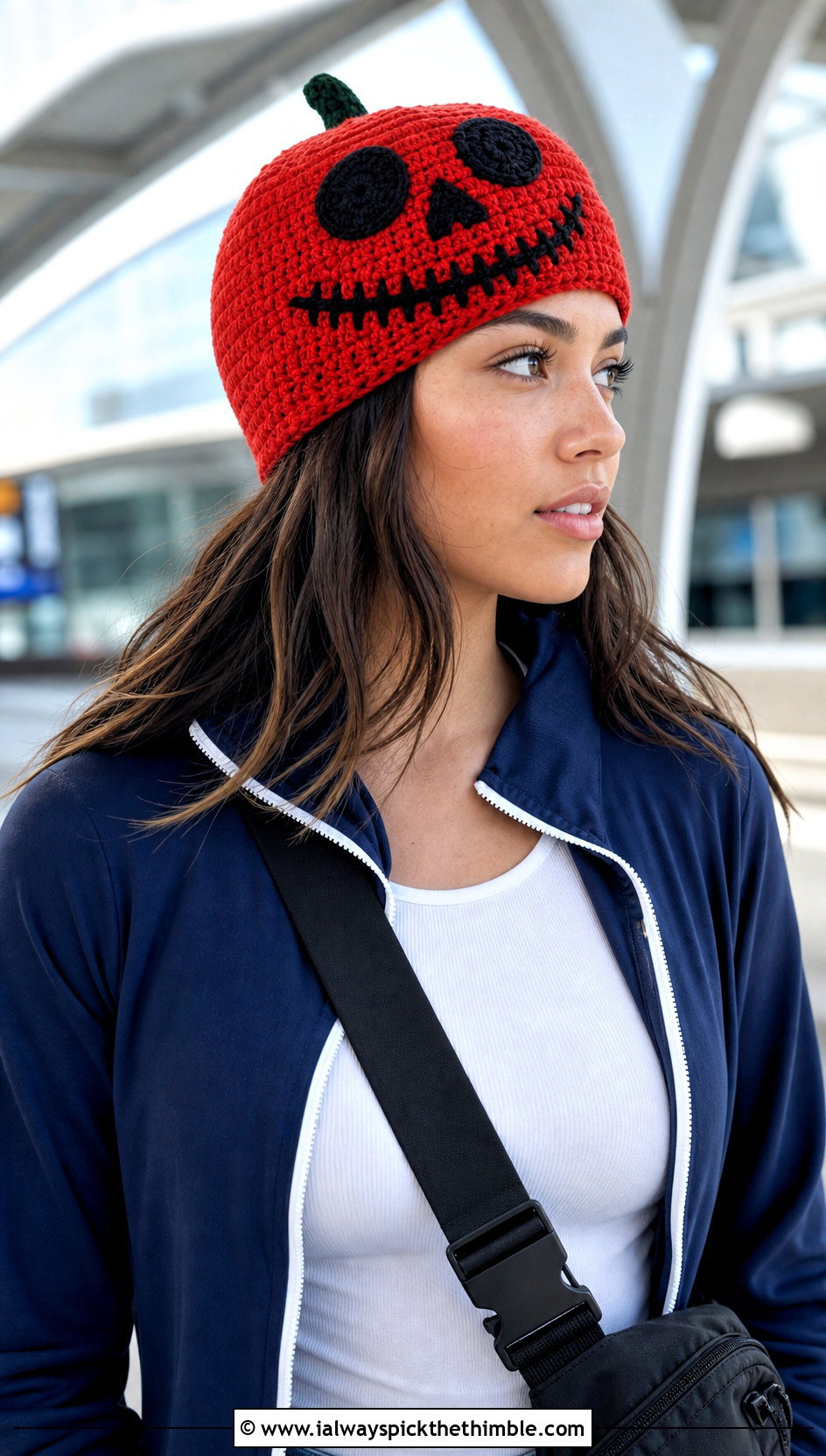 Fitted Crochet Pumpkin Skull Beanie With Track Jacket - 20 crochet pumpkin beanie outfit ideas