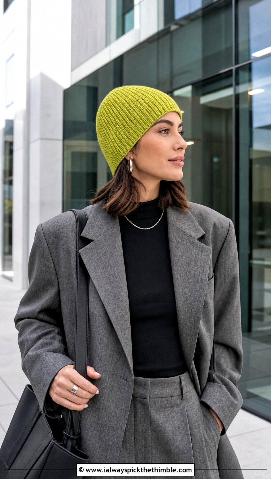 Fitted Crochet Ribbed Beanie With Blazer And Trousers - 25 crochet ribbed beanie outfit ideas