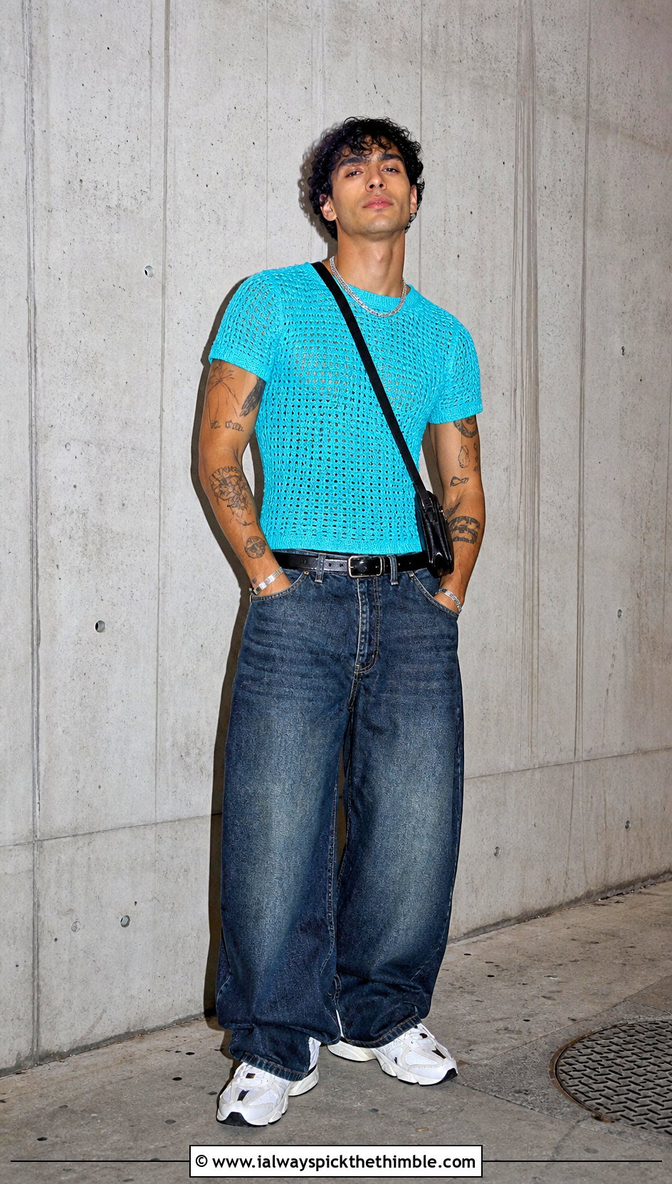 Fitted Crochet Shirt With Baggy Jeans - 25 crochet shirt men outfit ideas
