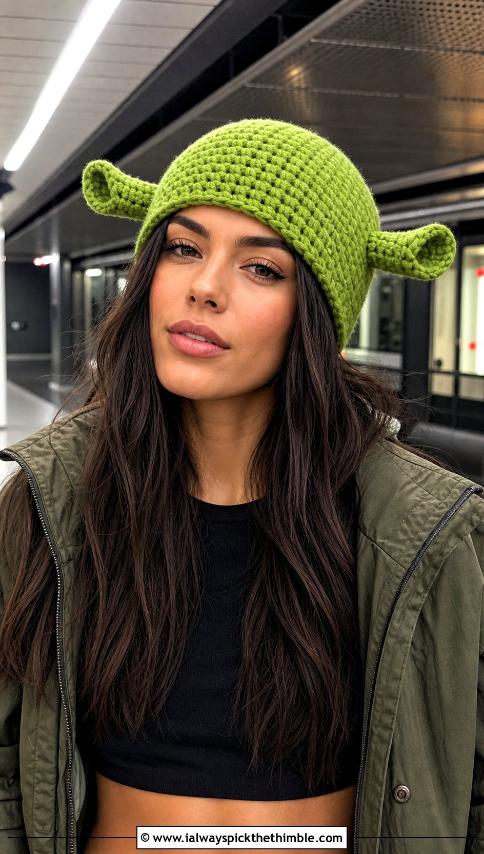 Fitted Crochet Shrek Beanie With Cargo Pants - 25 crochet shrek hat outfit ideas