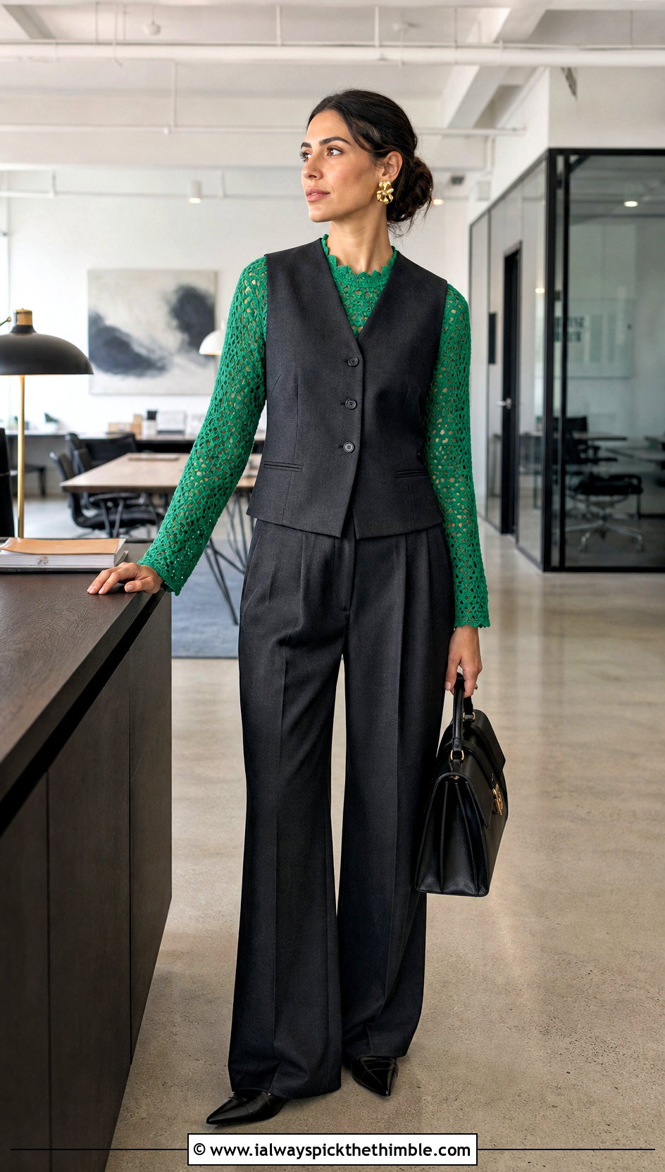 Fitted Crochet Shrug With Vest And Pleated Pants - 25 crocheted shrug outfit ideas