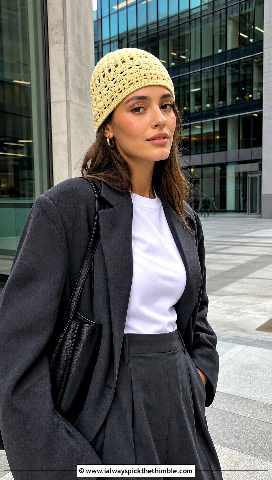 Fitted Crochet Skull Beanie With Oversized Blazer - 20 crochet skull beanie outfit ideas