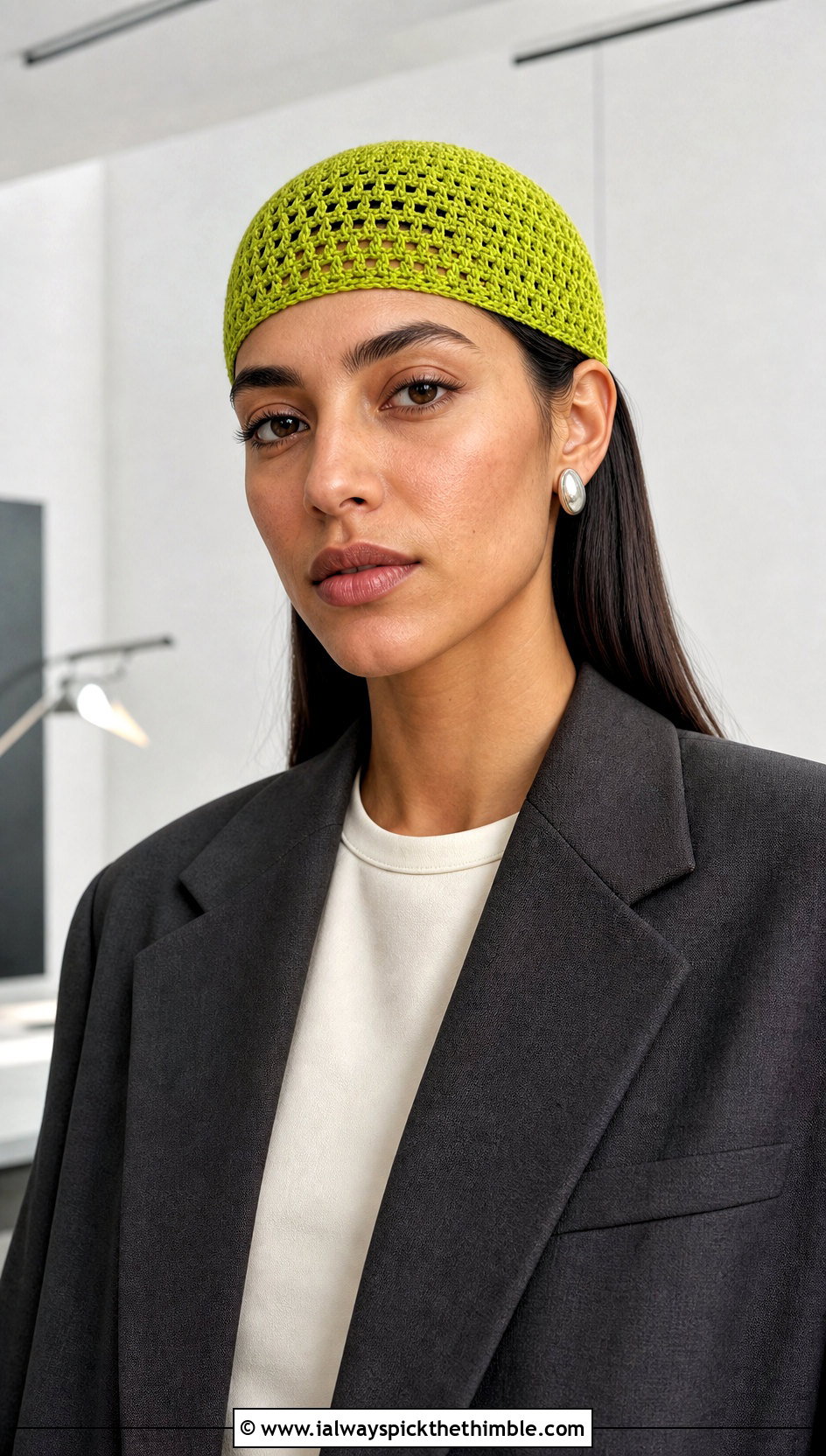 Fitted Crochet Skull Cap With Tailored Suit - 15 Fun Crochet Hats For Adults outfit ideas