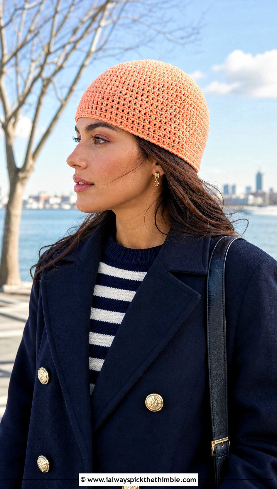 Fitted Crochet Skullcap Beanie With Peacoat And Loafers - 20 winter crochet beanie outfit ideas
