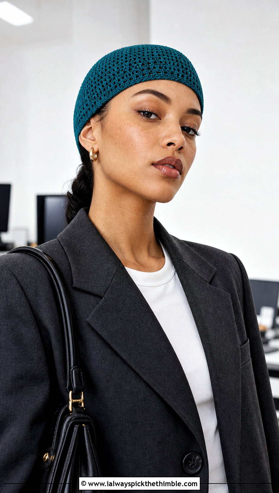 Fitted Crochet Skullcap With Blazer And Trousers - 25 fun crochet hats outfit ideas
