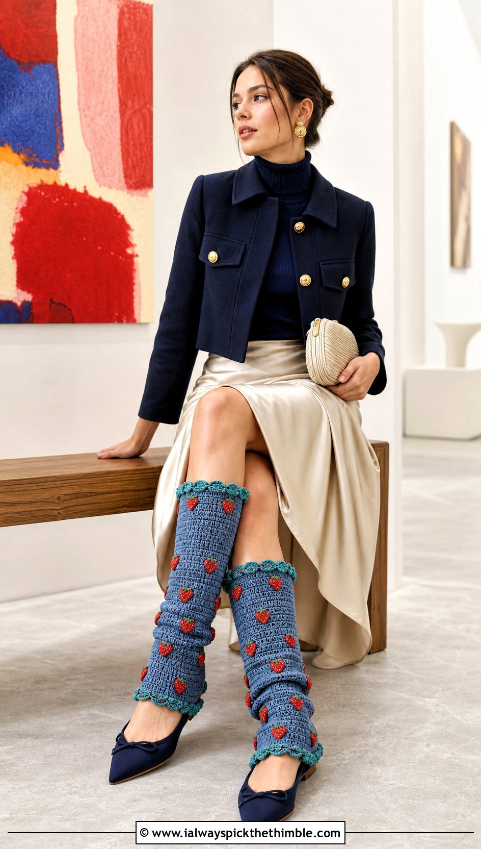Fitted Crochet Strawberry Leg Warmers With Satin Midi Skirt - 15 Crochet Strawberry Leg Warmers outfit ideas
