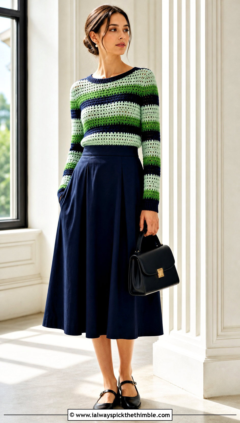 Fitted Crochet Striped Sweater With A Line Skirt - 25 crochet striped sweater outfit ideas