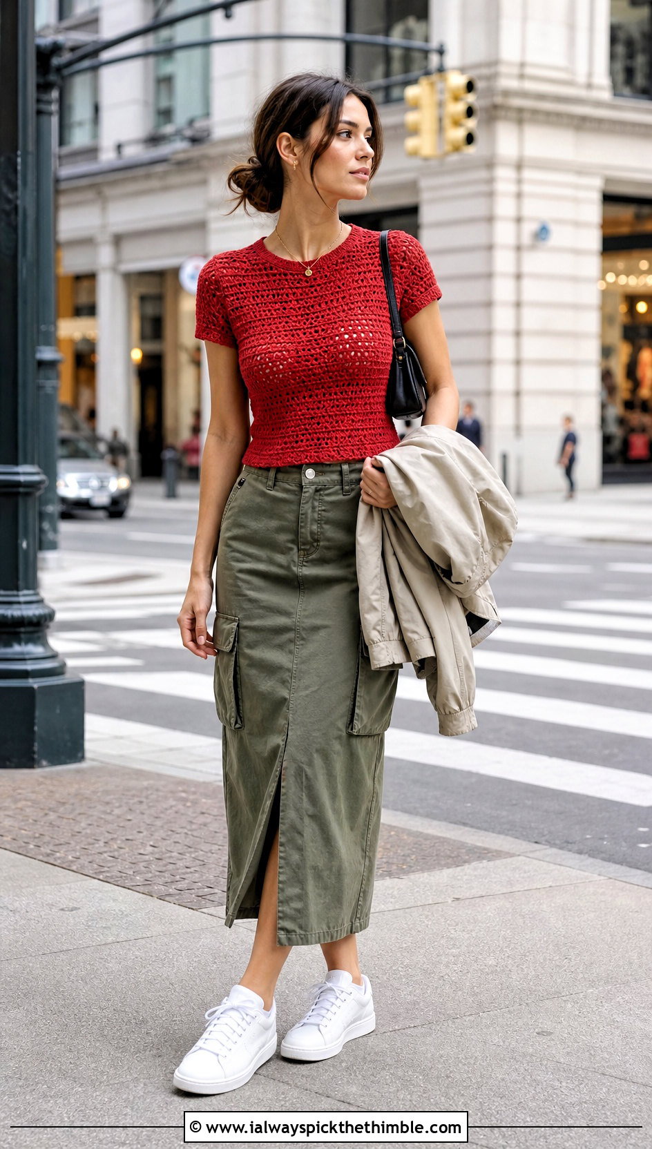 Fitted Crochet Tee With Utility Cargo Skirt - 20 crochet fall tops outfit ideas