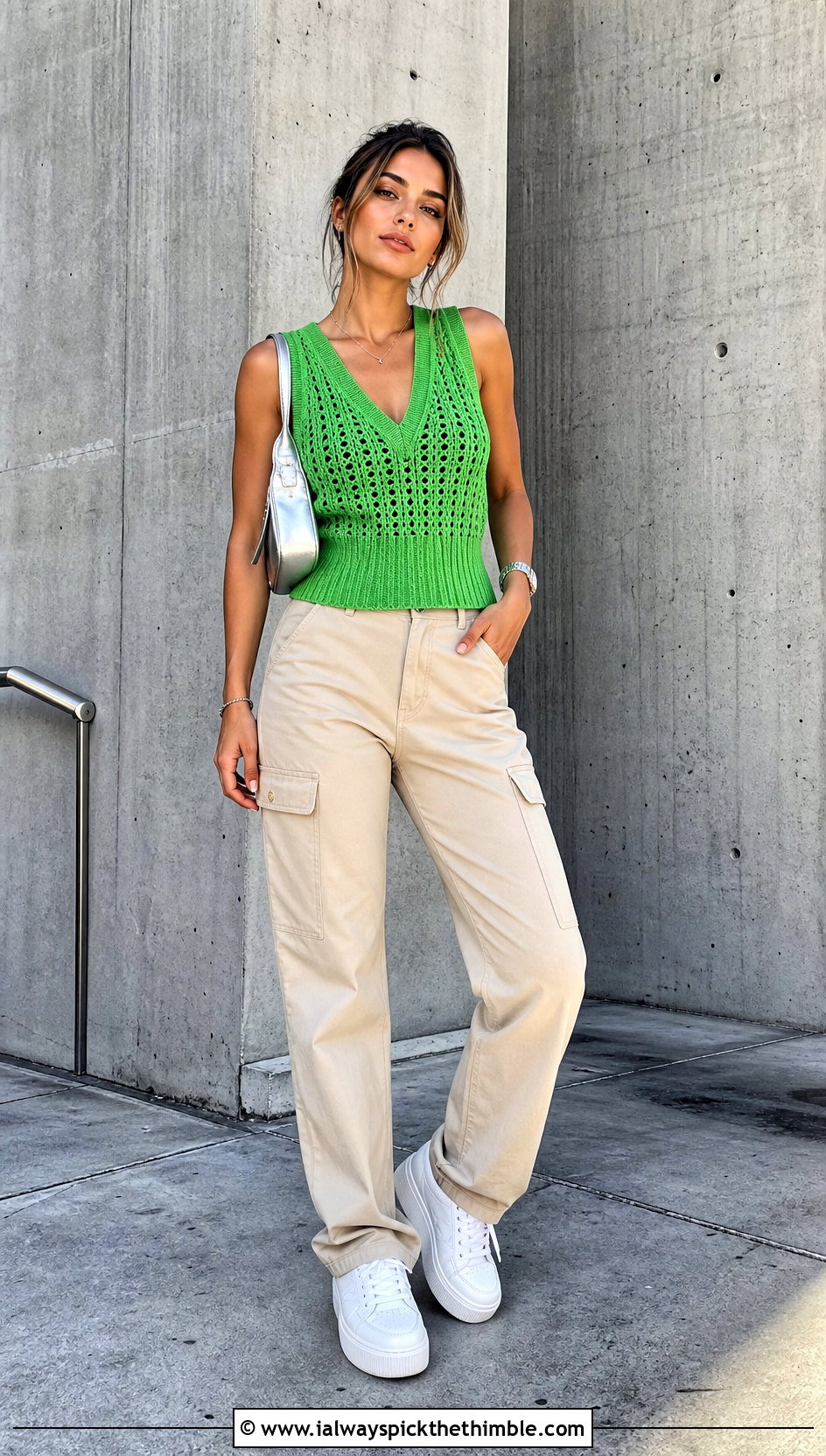 Fitted Crochet V Neck Vest With Cargo Pants - 20 crochet v neck vest outfit ideas