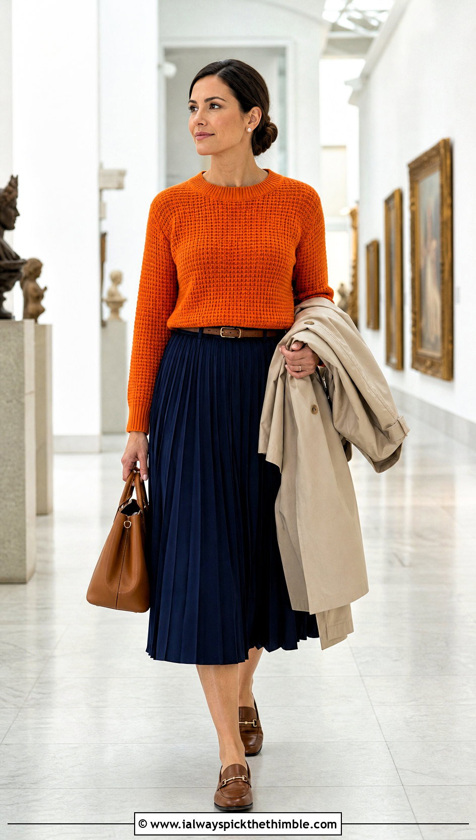 Fitted Crochet Waffle Crewneck Sweater With Pleated Midi Skirt - 15 Crochet Waffle Sweater outfit ideas